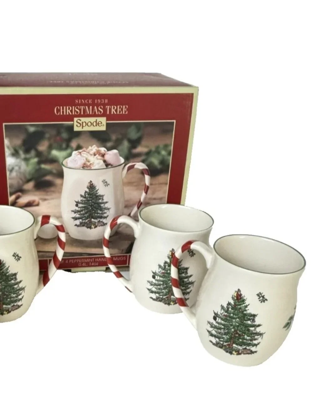 Spode Peppermint Handle Mugs Christmas Tree Set of 4 Candy Cane Santa 14 oz